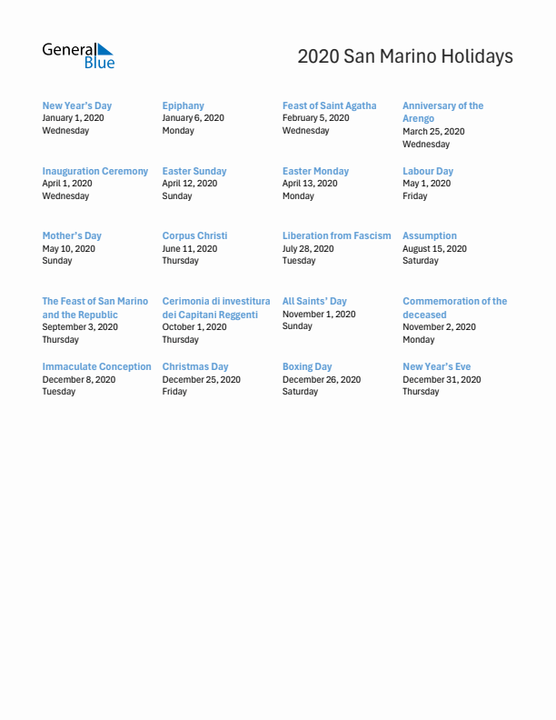 Free printable list of San Marino holidays for year 2020