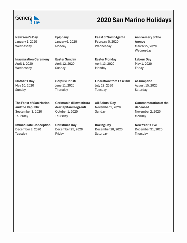 Free printable list of San Marino holidays for year 2020