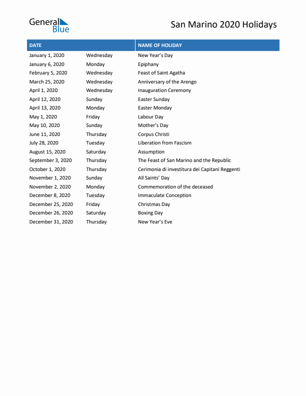 Free printable list of San Marino holidays for year 2020