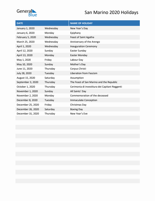 Free printable list of San Marino holidays for year 2020