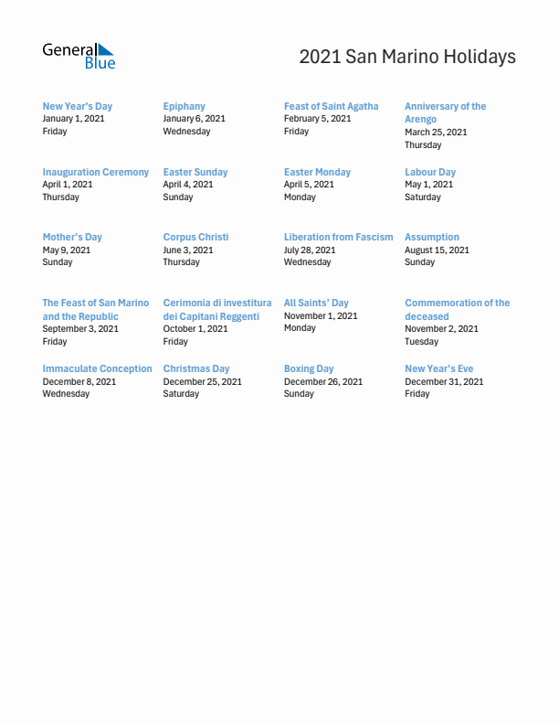 Free printable list of San Marino holidays for year 2021