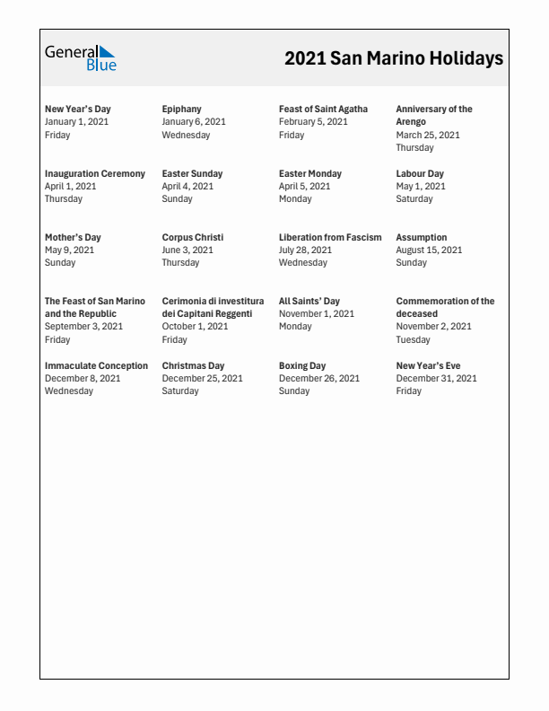 Free printable list of San Marino holidays for year 2021