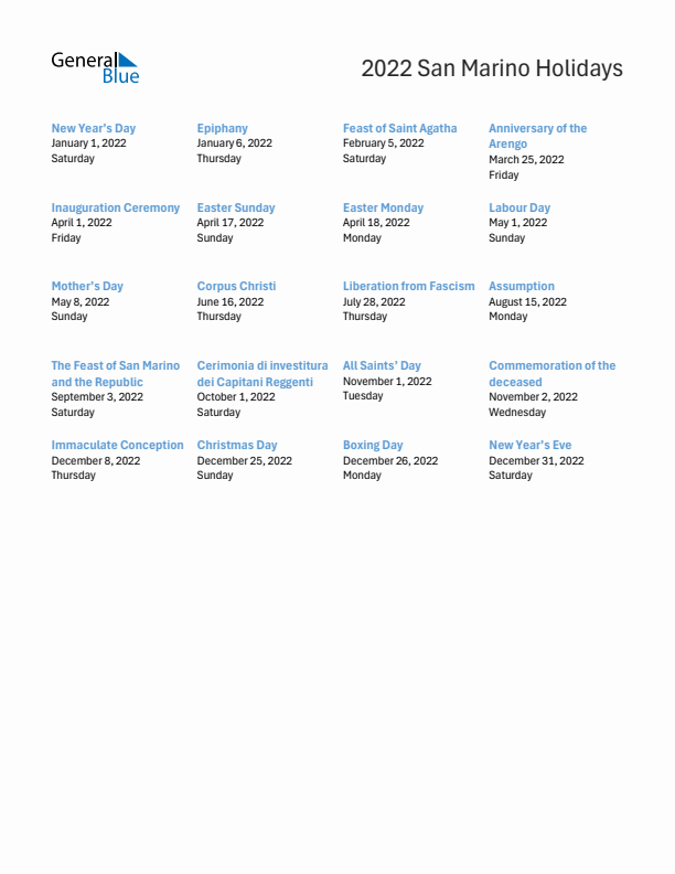 Free printable list of San Marino holidays for year 2022