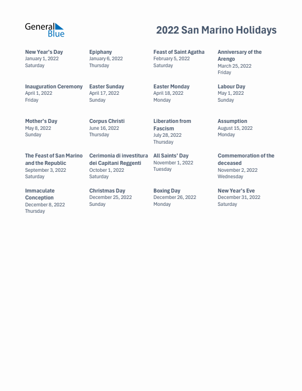 Free printable list of San Marino holidays for year 2022