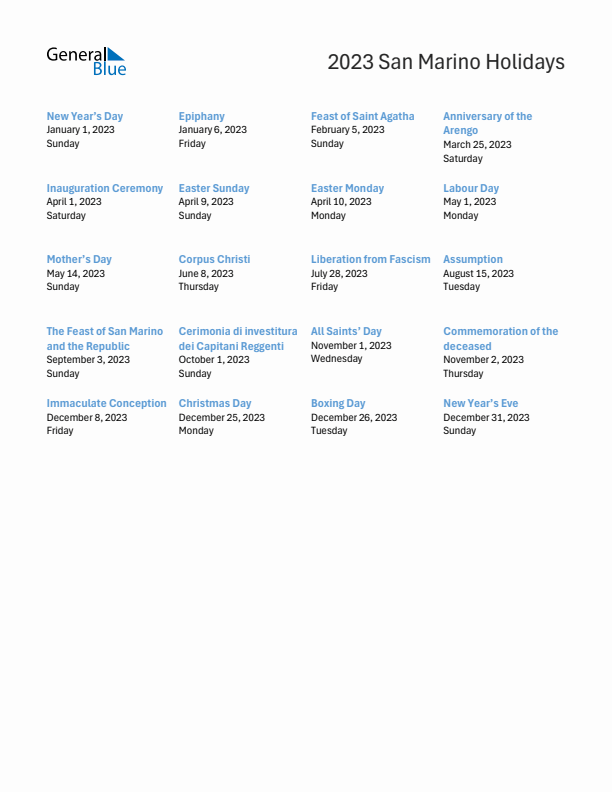 Free printable list of San Marino holidays for year 2023