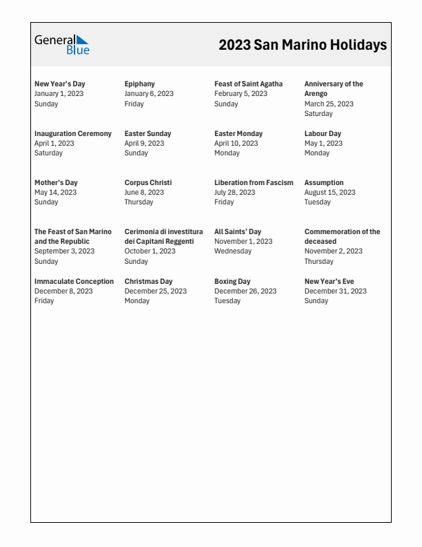 Free printable list of San Marino holidays for year 2023