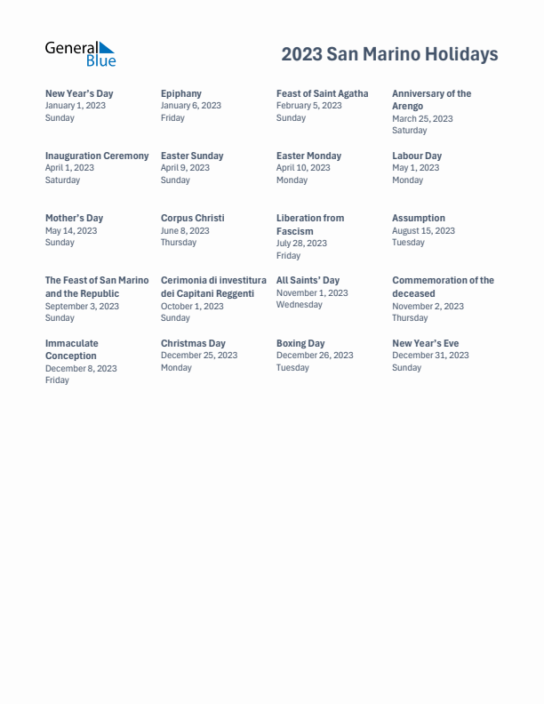 Free printable list of San Marino holidays for year 2023