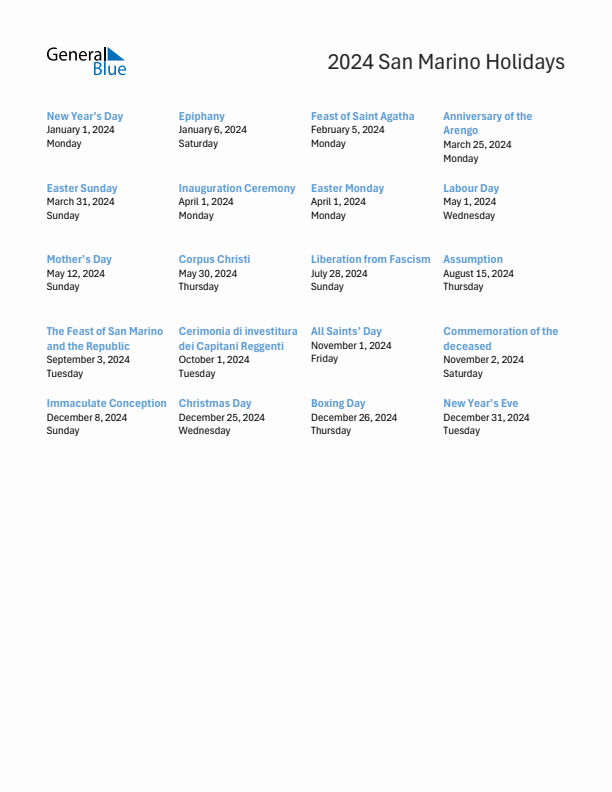 Free printable list of San Marino holidays for year 2024