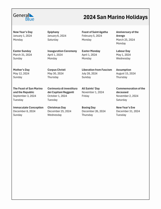 Free printable list of San Marino holidays for year 2024