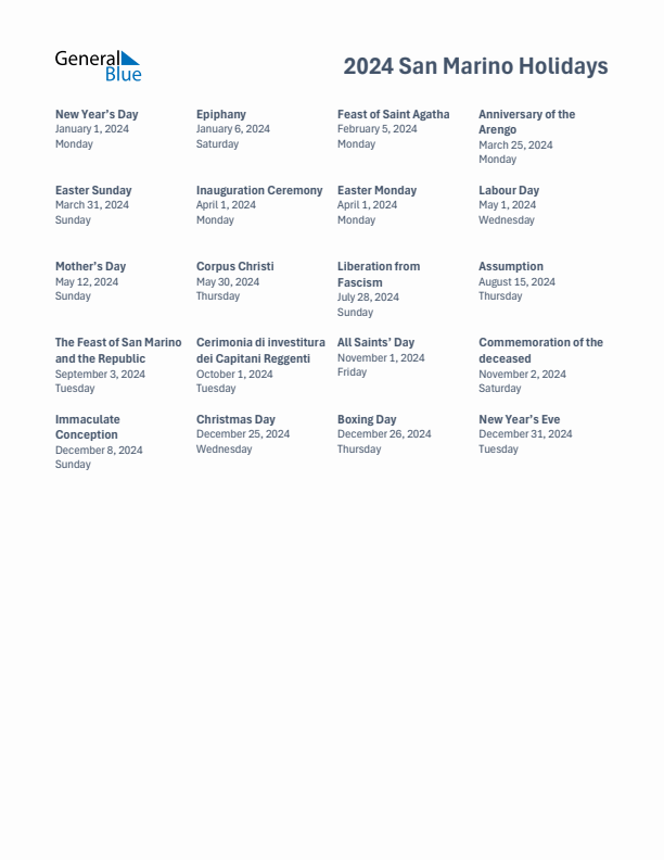 Free printable list of San Marino holidays for year 2024