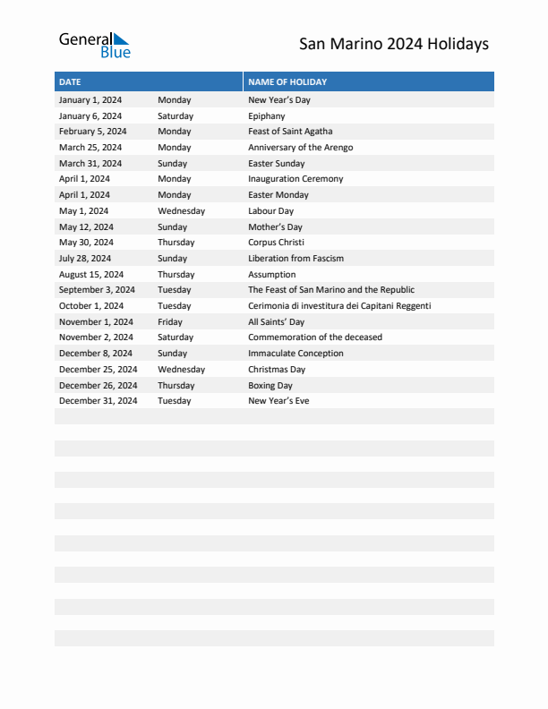 Free printable list of San Marino holidays for year 2024