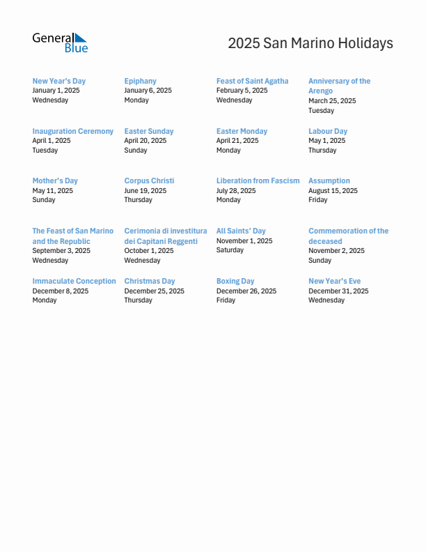 Free printable list of San Marino holidays for year 2025