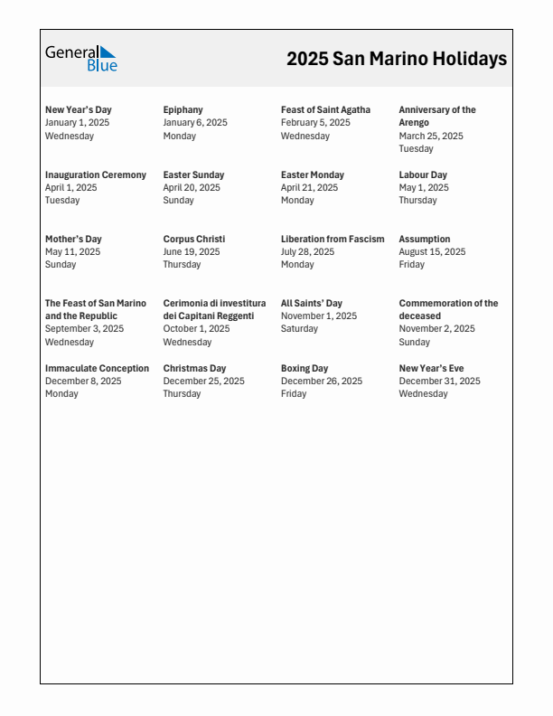 Free printable list of San Marino holidays for year 2025