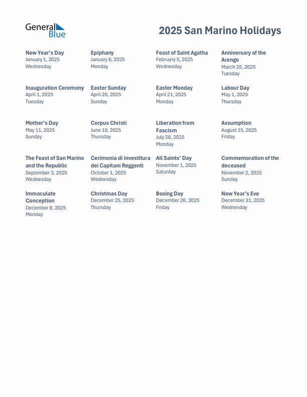 Free printable list of San Marino holidays for year 2025