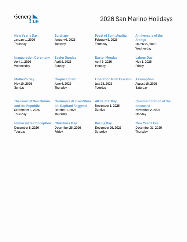 Free printable list of San Marino holidays for year 2026