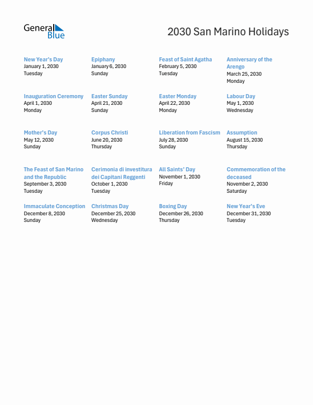 Free printable list of San Marino holidays for year 2030