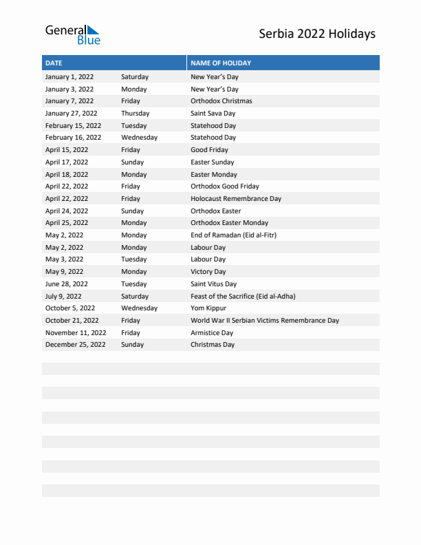 Free printable list of Serbia holidays for year 2022