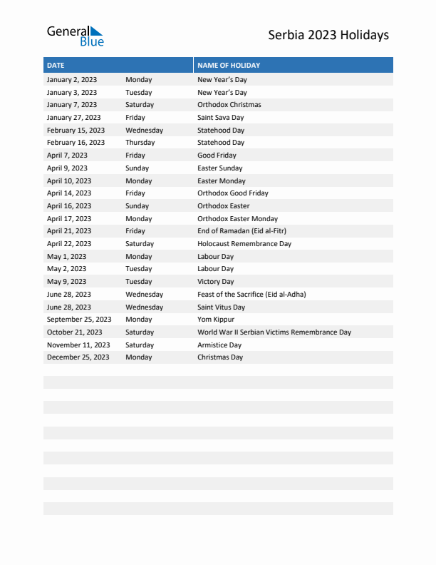 Free printable list of Serbia holidays for year 2023