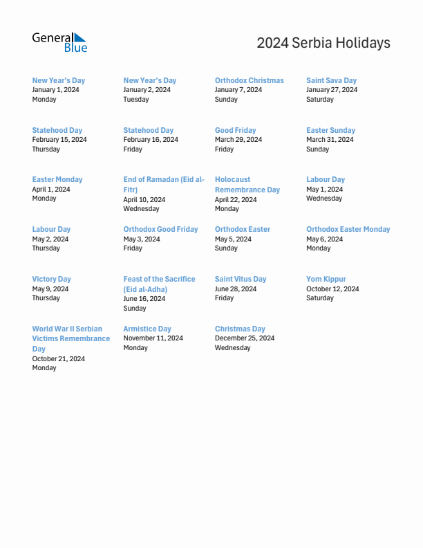 Free printable list of Serbia holidays for year 2024