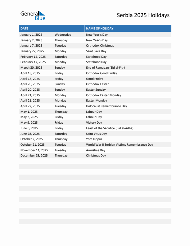 Free printable list of Serbia holidays for year 2025