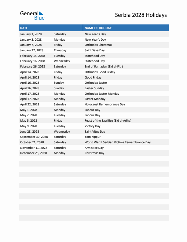 Free printable list of Serbia holidays for year 2028