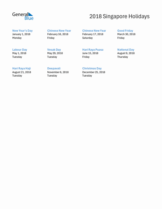 Free printable list of Singapore holidays for year 2018
