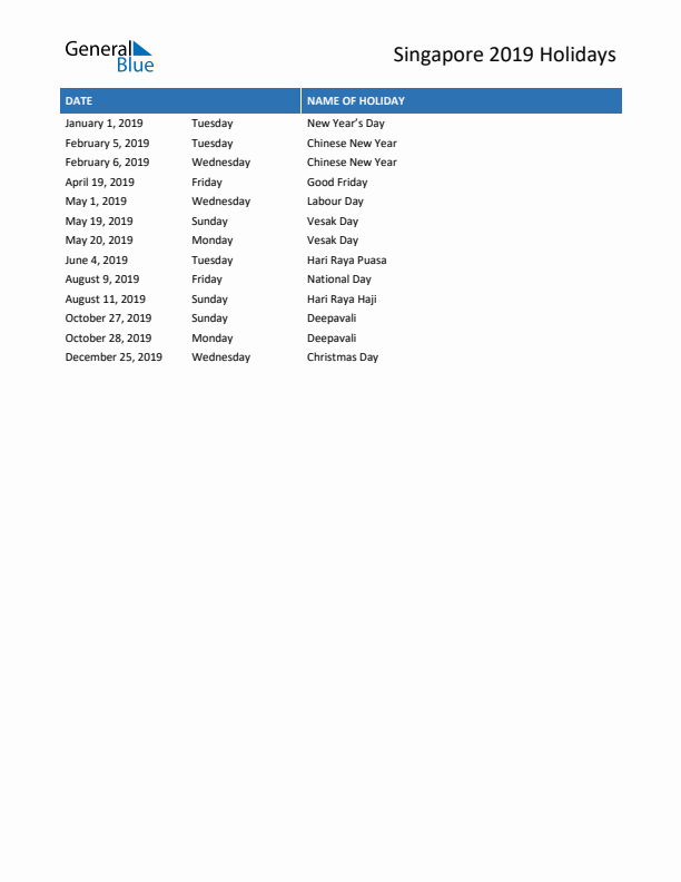 Free printable list of Singapore holidays for year 2019