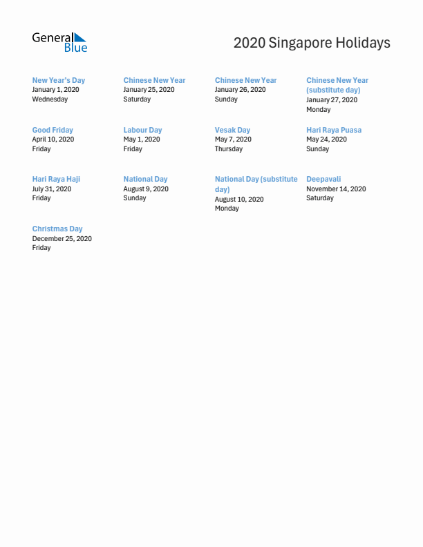 Free printable list of Singapore holidays for year 2020