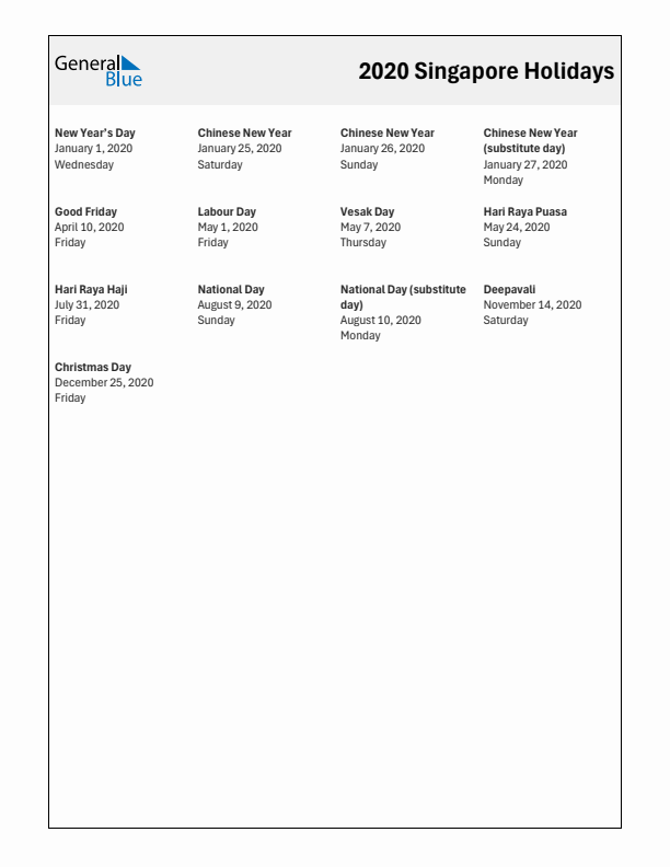 Free printable list of Singapore holidays for year 2020