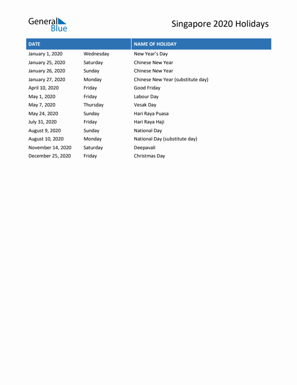 Free printable list of Singapore holidays for year 2020