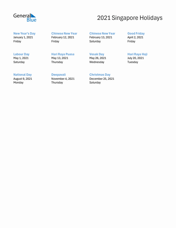 Free printable list of Singapore holidays for year 2021