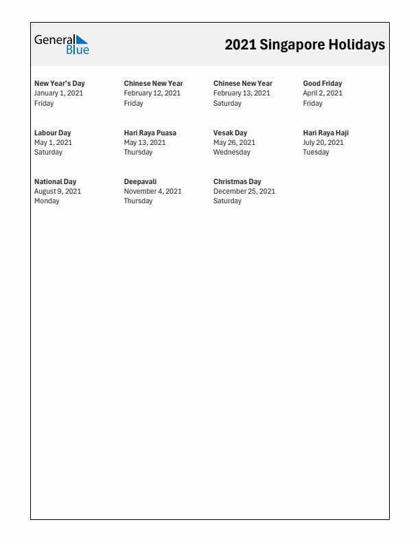 Free printable list of Singapore holidays for year 2021