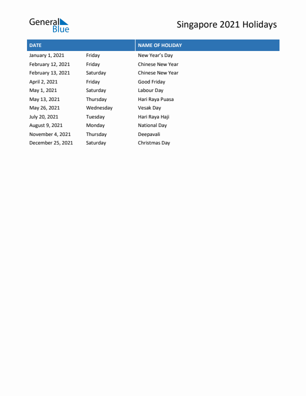 Free printable list of Singapore holidays for year 2021