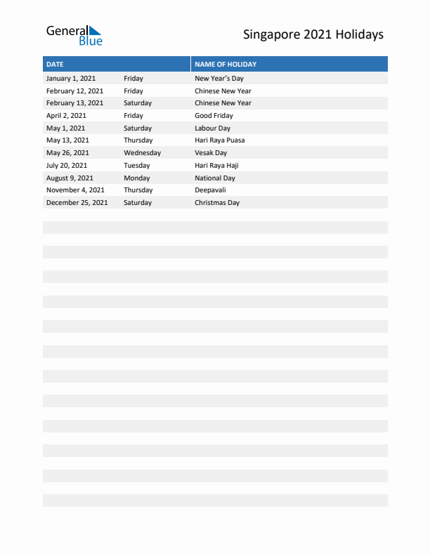 Free printable list of Singapore holidays for year 2021