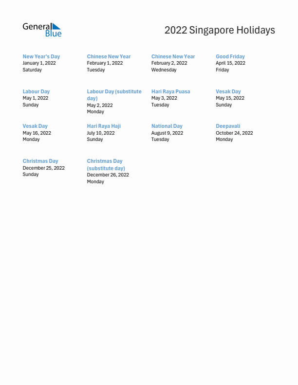Free printable list of Singapore holidays for year 2022