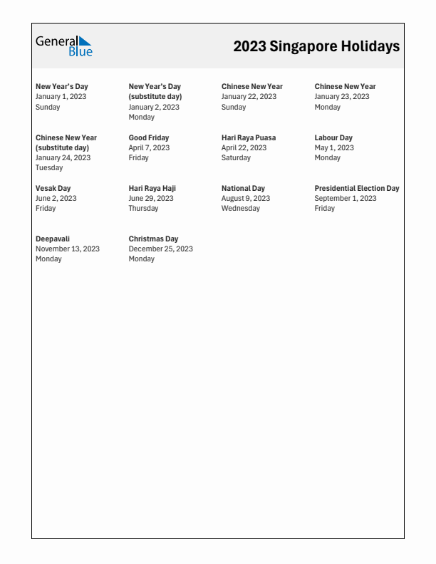 Free printable list of Singapore holidays for year 2023