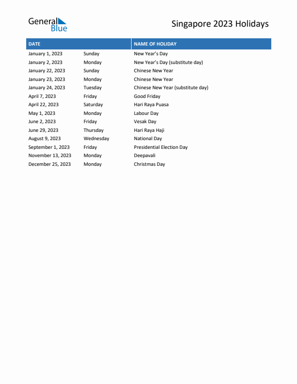 Free printable list of Singapore holidays for year 2023