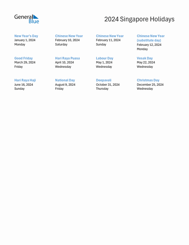 Free printable list of Singapore holidays for year 2024