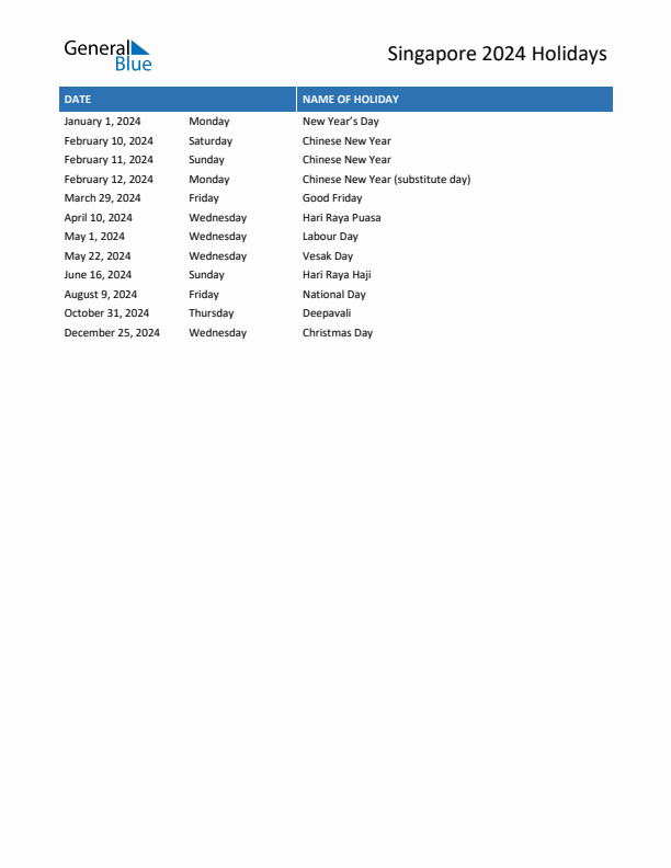 Free printable list of Singapore holidays for year 2024