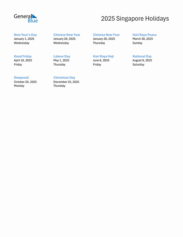 Free printable list of Singapore holidays for year 2025