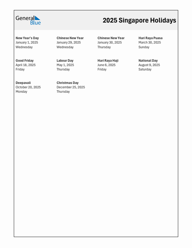 Free printable list of Singapore holidays for year 2025