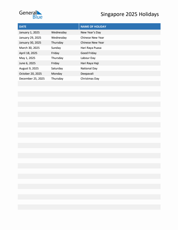 Free printable list of Singapore holidays for year 2025