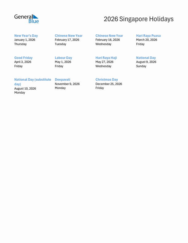 Free printable list of Singapore holidays for year 2026