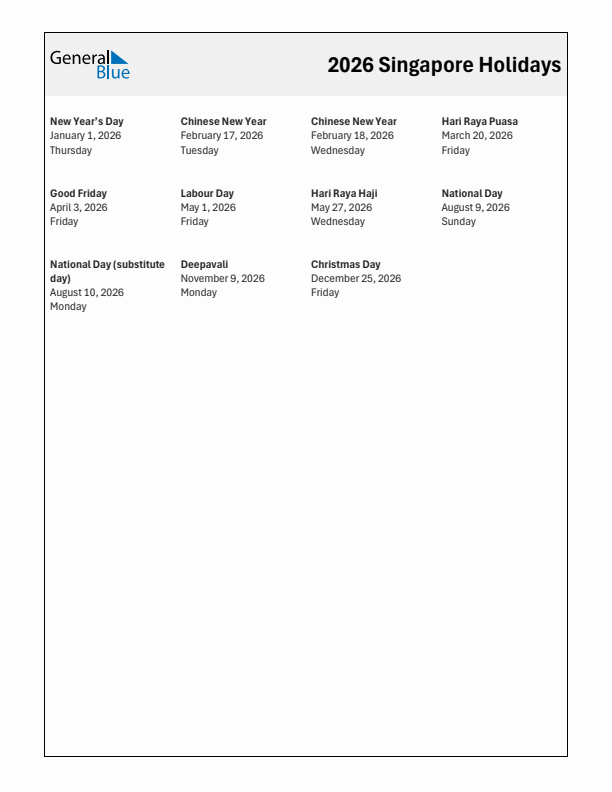 Free printable list of Singapore holidays for year 2026