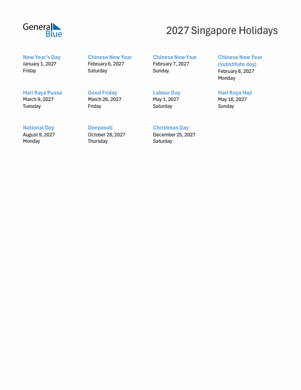 Free printable list of Singapore holidays for year 2027