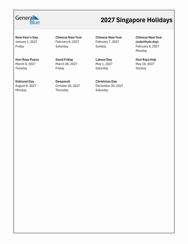 Free printable list of Singapore holidays for year 2027