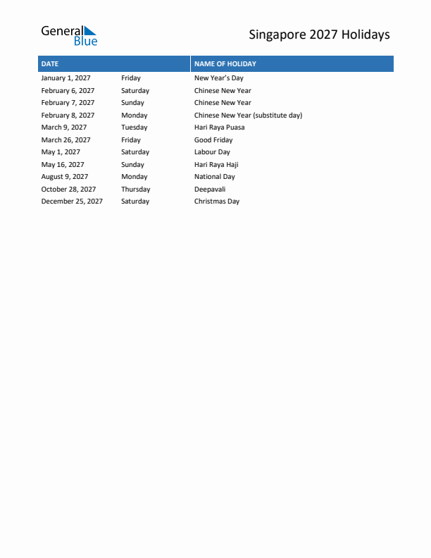 Free printable list of Singapore holidays for year 2027