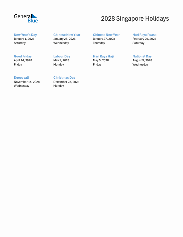 Free printable list of Singapore holidays for year 2028