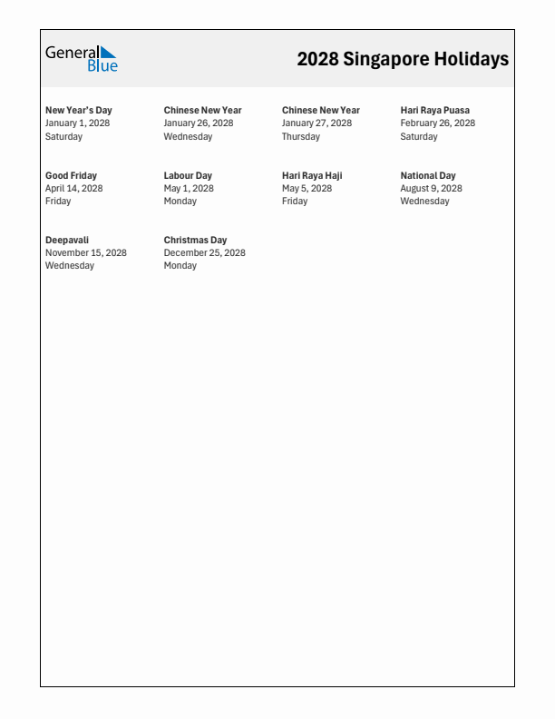 Free printable list of Singapore holidays for year 2028