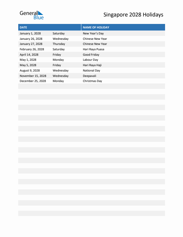 Free printable list of Singapore holidays for year 2028